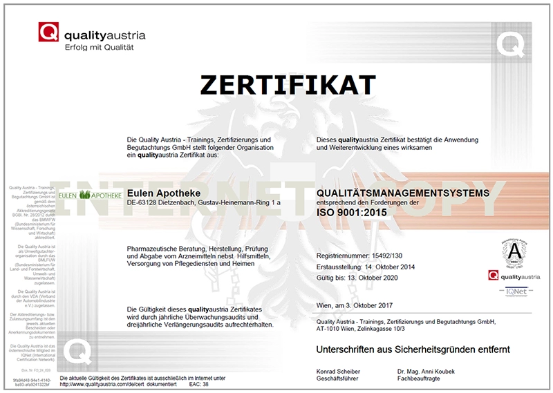 Zertifikat der Apotheke aus Dietzenbach